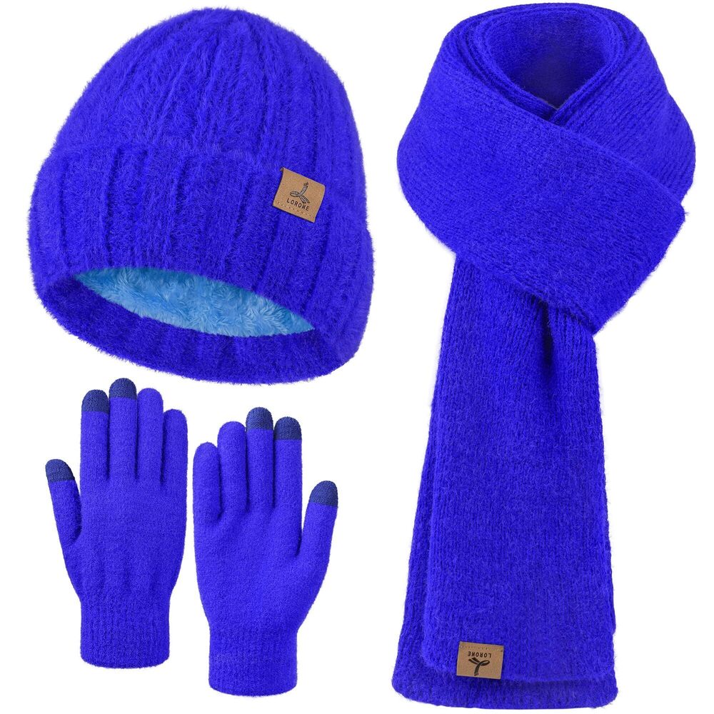 3502 Royal Blue Winter Beanie Hat Scarf Gloves, Warm Fleece Knit Hat Long
